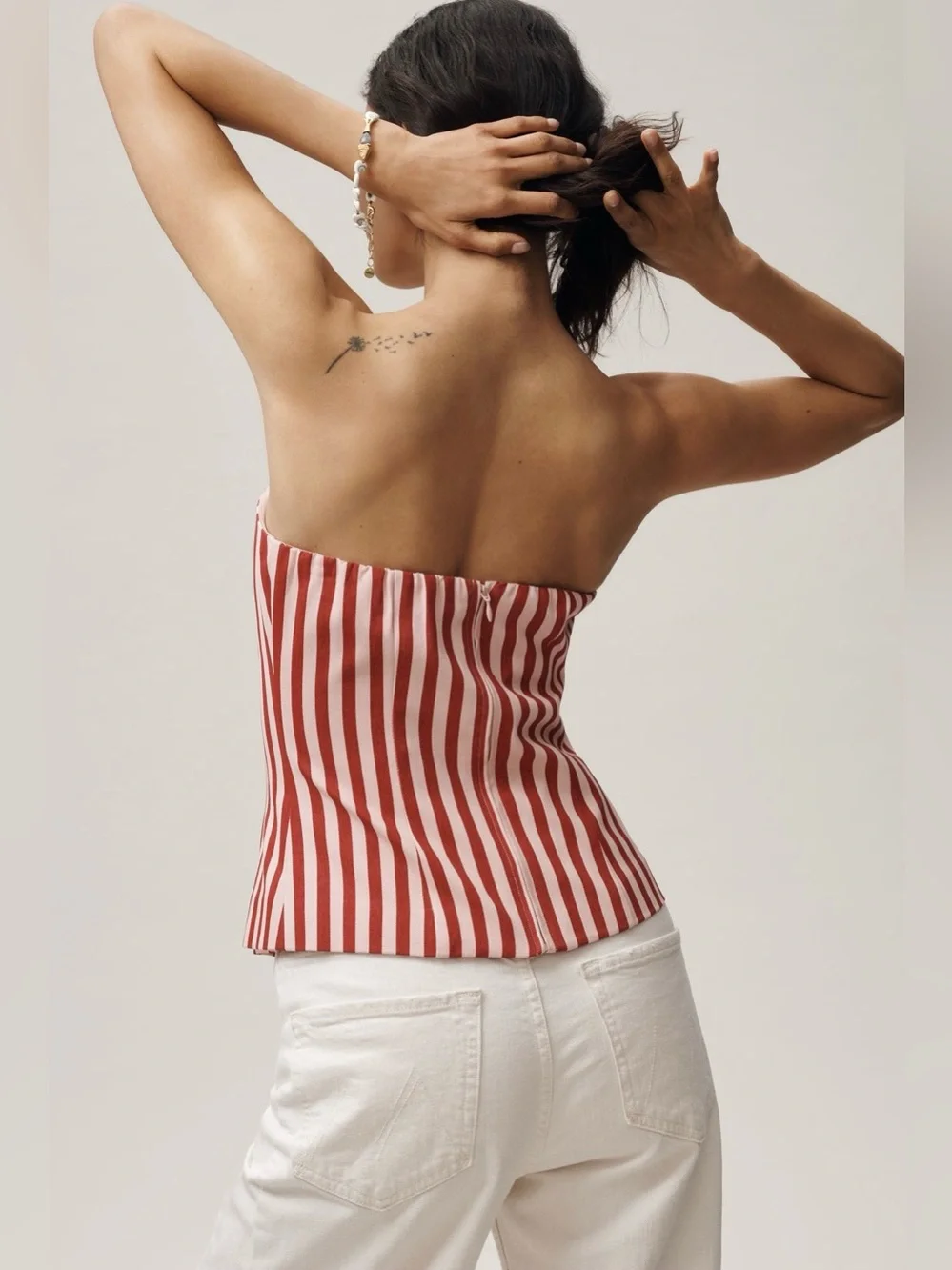 Anthropology Mare Mare Cotton Strapless Pleated Red Pink Stripe Top	Size XL